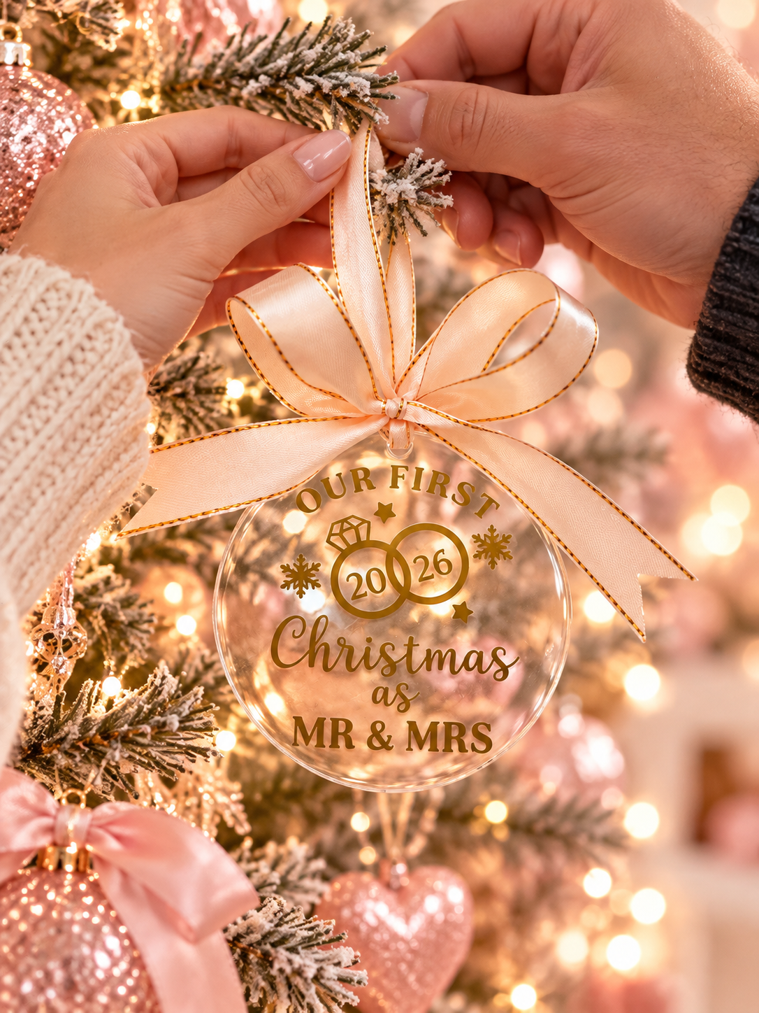A round clear Christmas ornament with gold lettering that reads 'OUR FIRST Christmas as MR & MRS 2026' and two interlocking rings, tied with a pale pink satin ribbon. The ornament is photographed in a softly lit holiday setting with pink ornaments, lights, and gift boxes in the background.