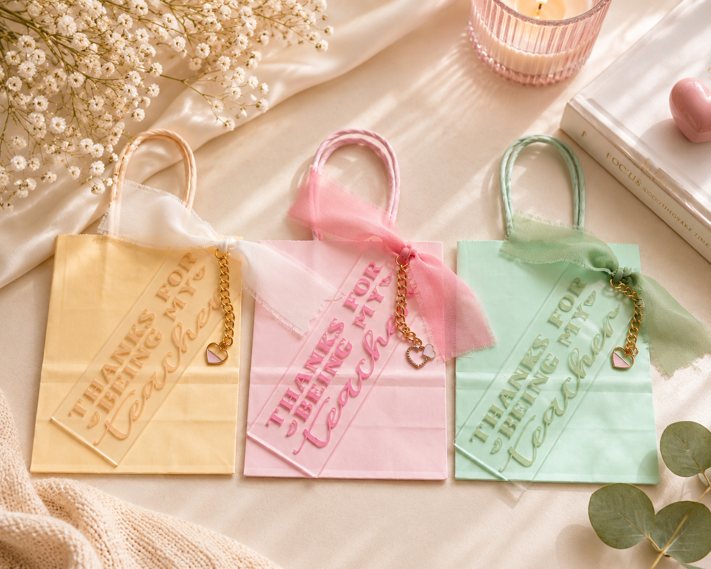 Three small bags in beige, pink, and green with bookmarks and text and decorative elements on a soft surface with flowers and a candle.