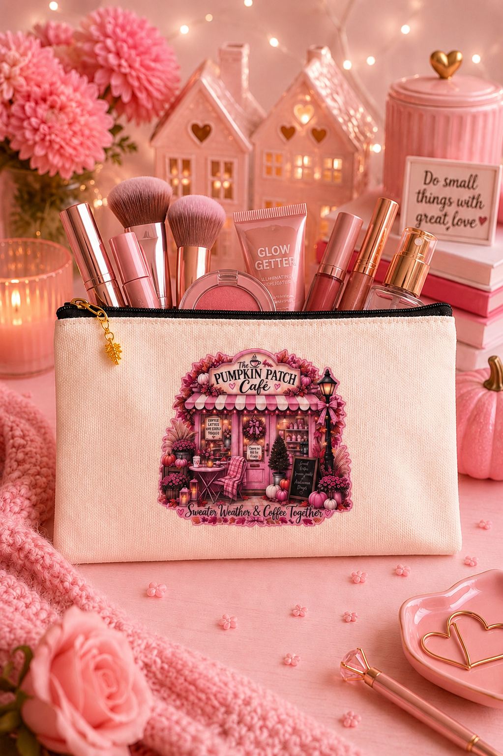 A cream-colored canvas makeup pouch with a black zipper and a colorful 'Pumpkin Patch Cafe' illustration on the front. The pouch is filled with pink and rose gold cosmetics, including brushes, a glow stick, and lip products, and is styled on a pink fabric surface with pink props, flowers, and candles.