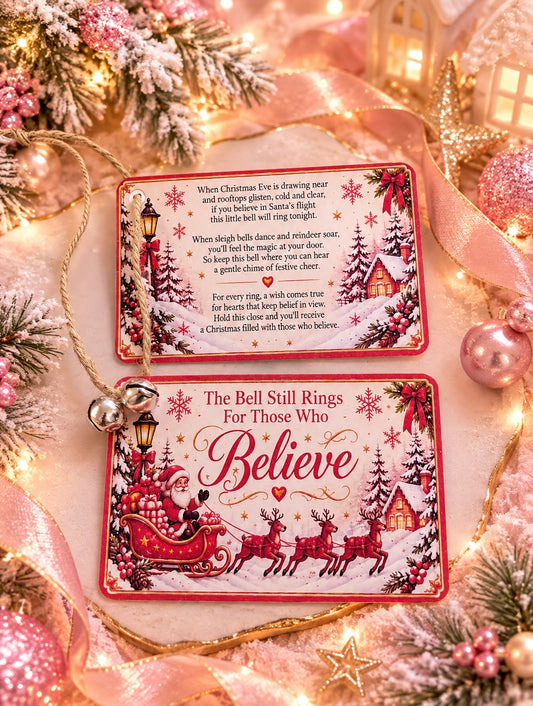 Two Christmas-themed keepsake cards with red borders and festive illustrations, displayed on a soft pink holiday background with ribbon, lights, ornaments, and pine branches.