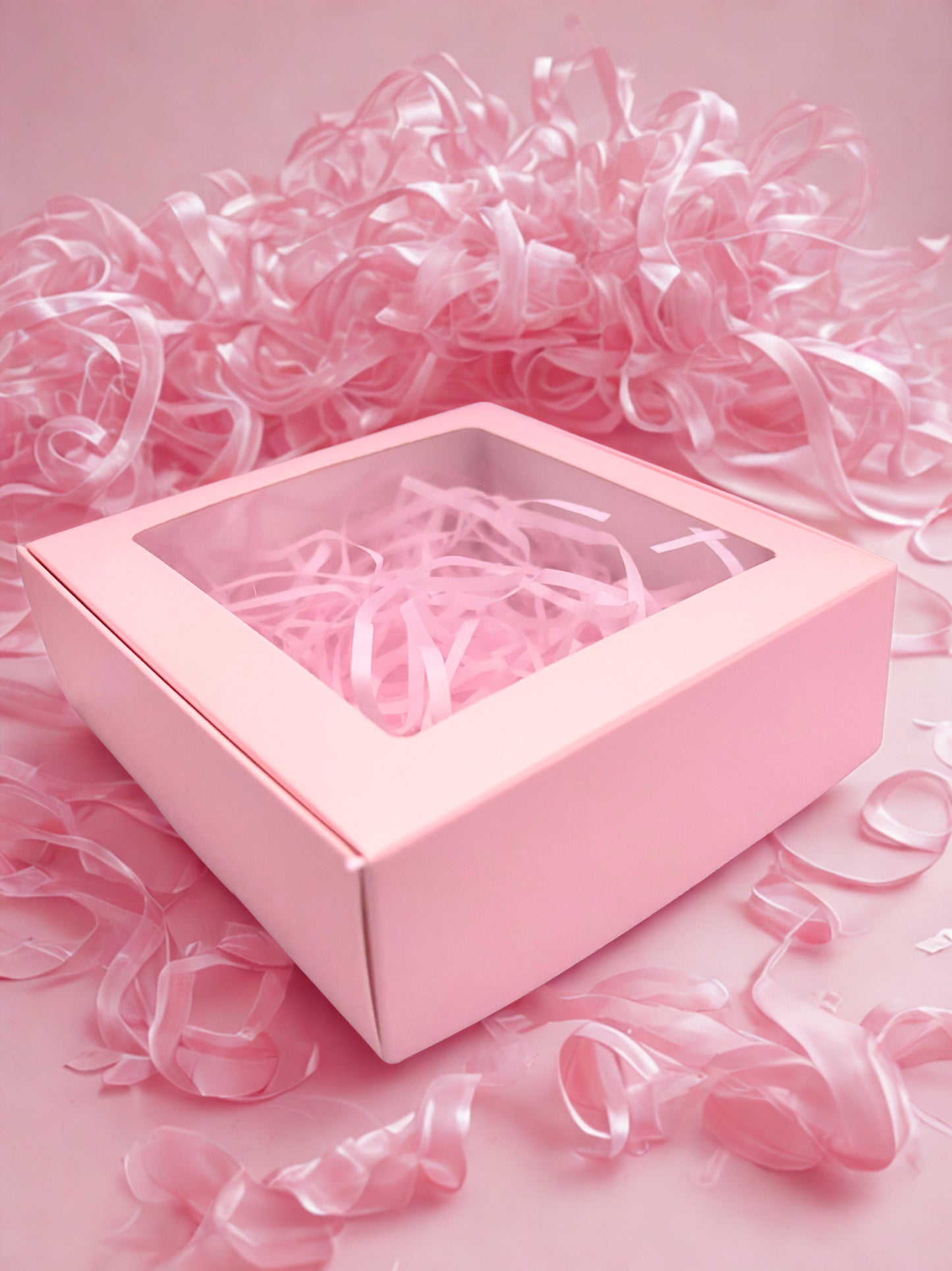 Pink gift box with sheer pink ribbons on a pink background