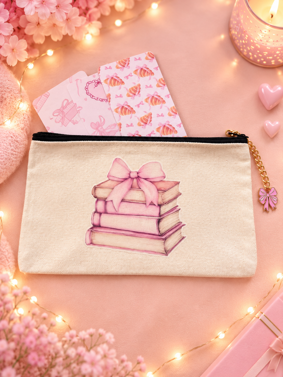 A cream canvas zip pouch featuring a pink watercolor illustration of stacked books tied with a bow, styled on a pink background with fairy lights, flowers, and a candle.