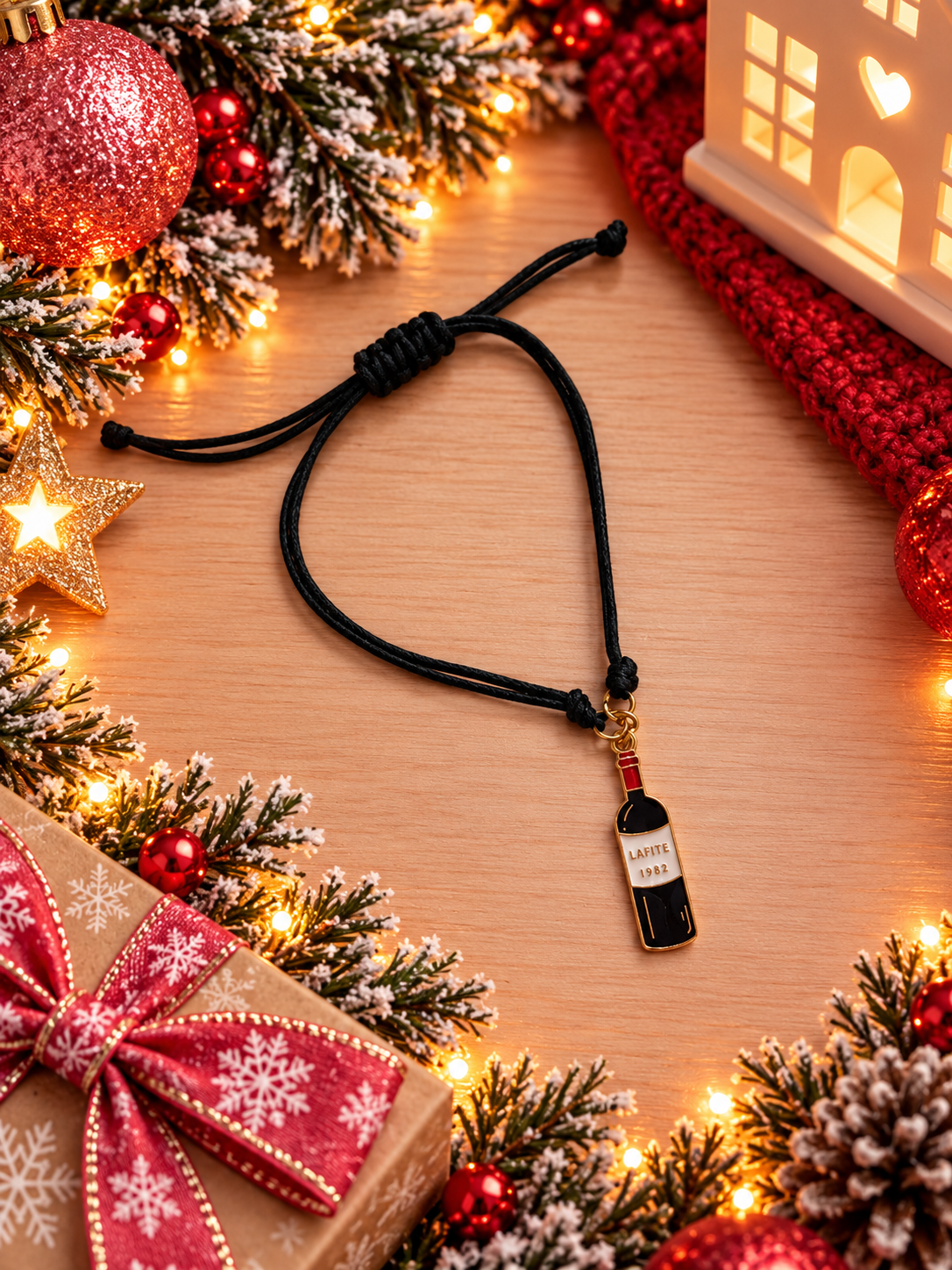 A black cord bracelet with a small wine bottle charm in gold and red, styled on a wooden surface with festive Christmas decorations including lights, ornaments, pine branches, and a gift box.
