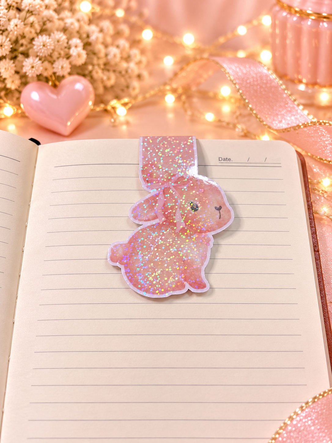 A pink glitter bunny-shaped bookmark with a matching ribbon lies on an open lined notebook. The scene is styled with warm fairy lights, dried flowers, a pink heart, and a pink glitter ribbon in the background.