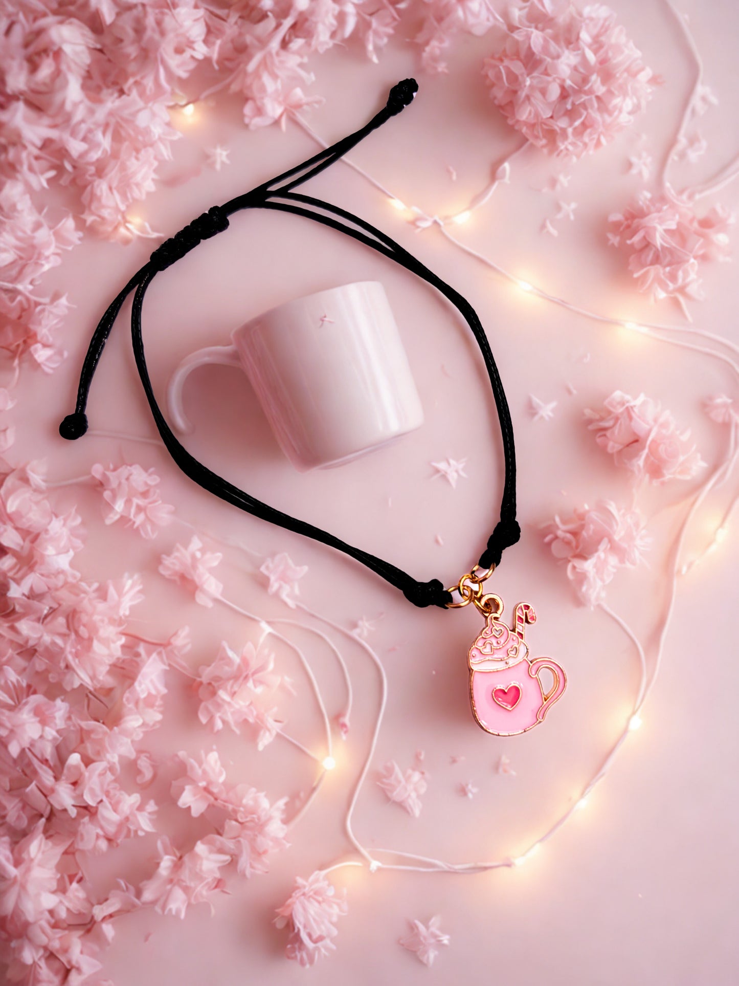 Bracelet with a pink pendant shaped like a coffee cup on a pink surface with fairy lights
