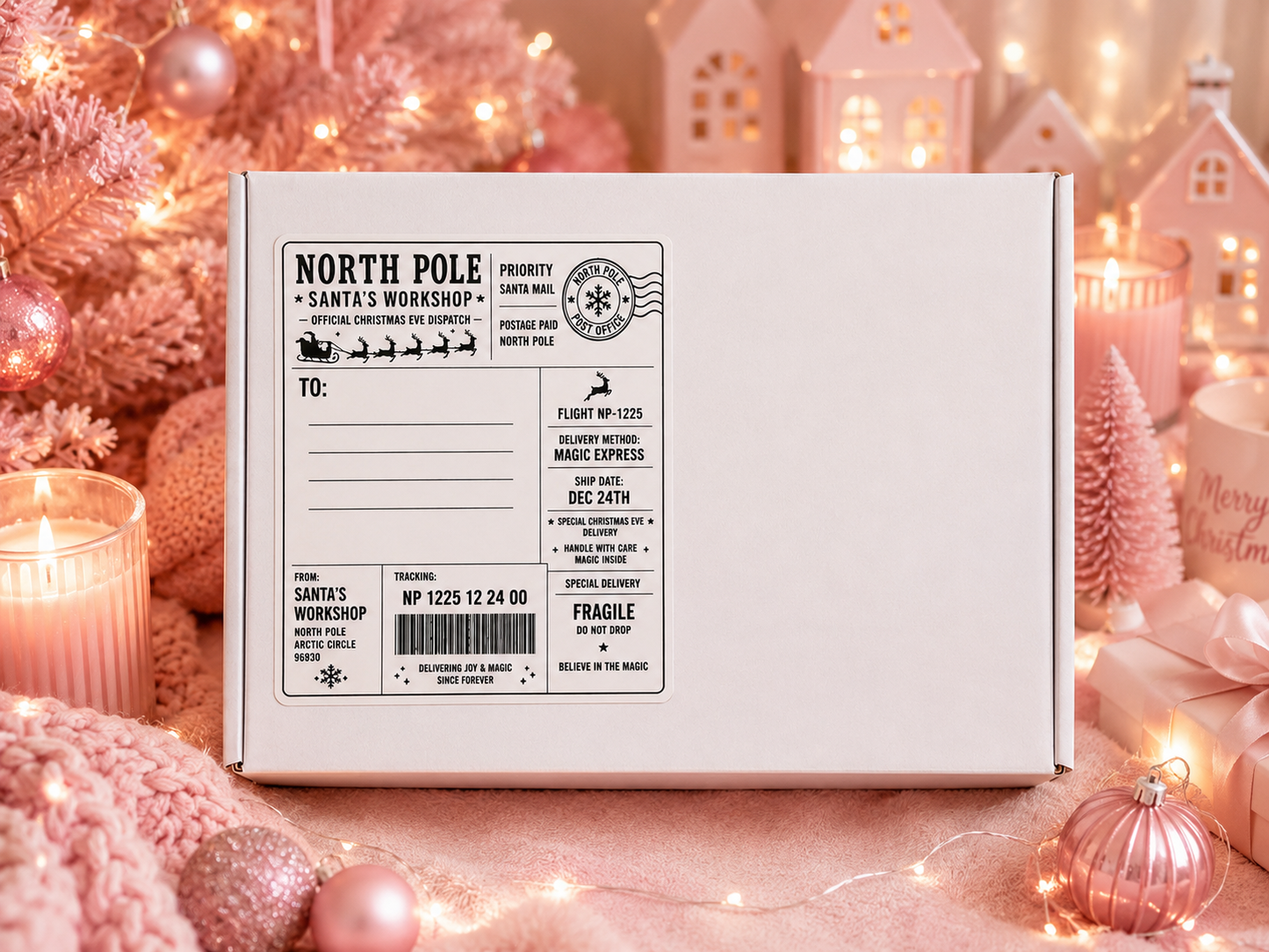 A white cardboard shipping box labeled 'North Pole - Santa's Workshop' sits centered on a pink holiday-themed surface surrounded by warm fairy lights, pink ornaments, candles, and miniature house decorations.