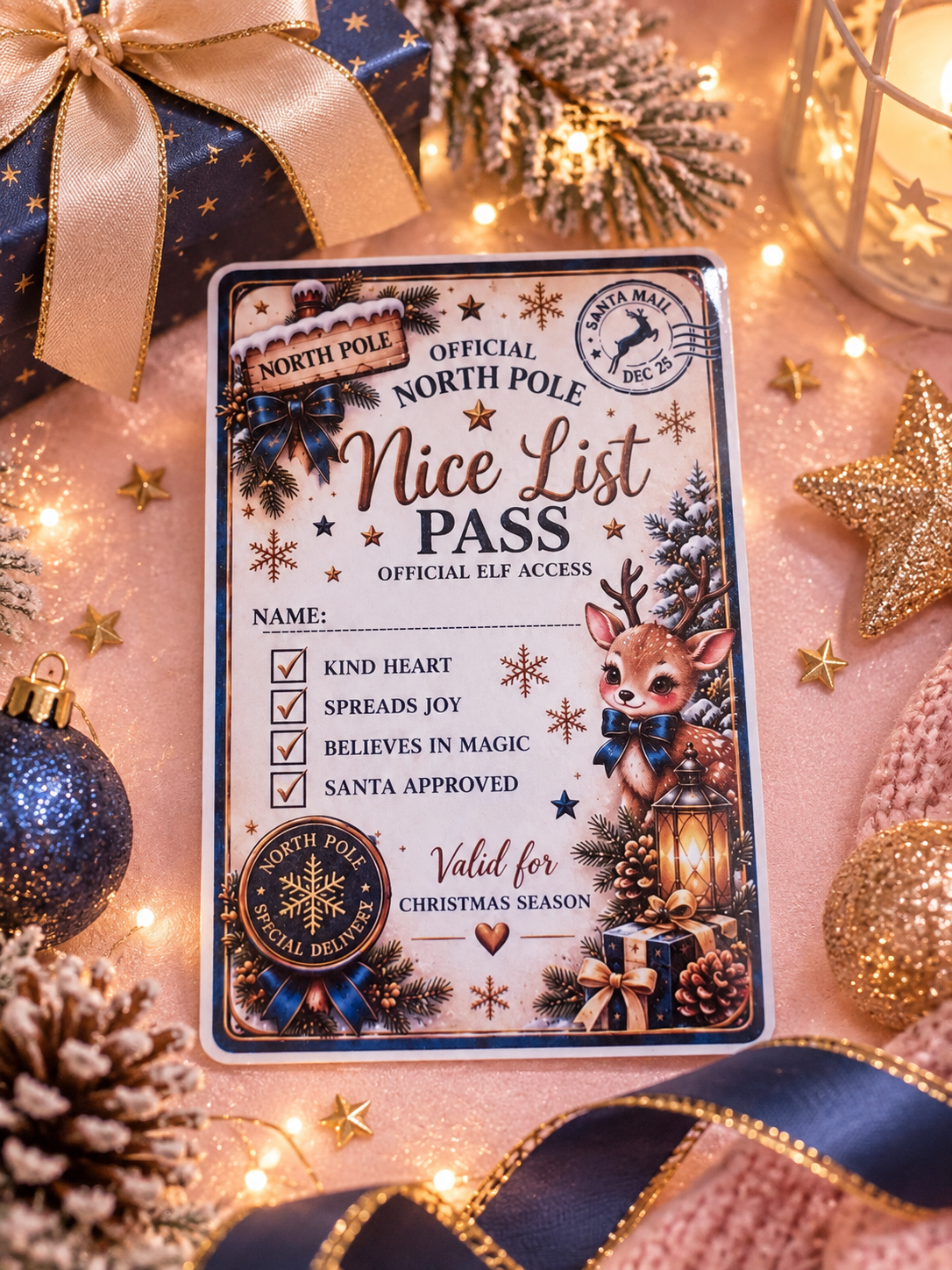 A festive Christmas-themed 'Nice List Pass' card styled in a holiday flat-lay with a wrapped blue gift, gold ribbon, pinecones, glitter stars, and warm string lights.