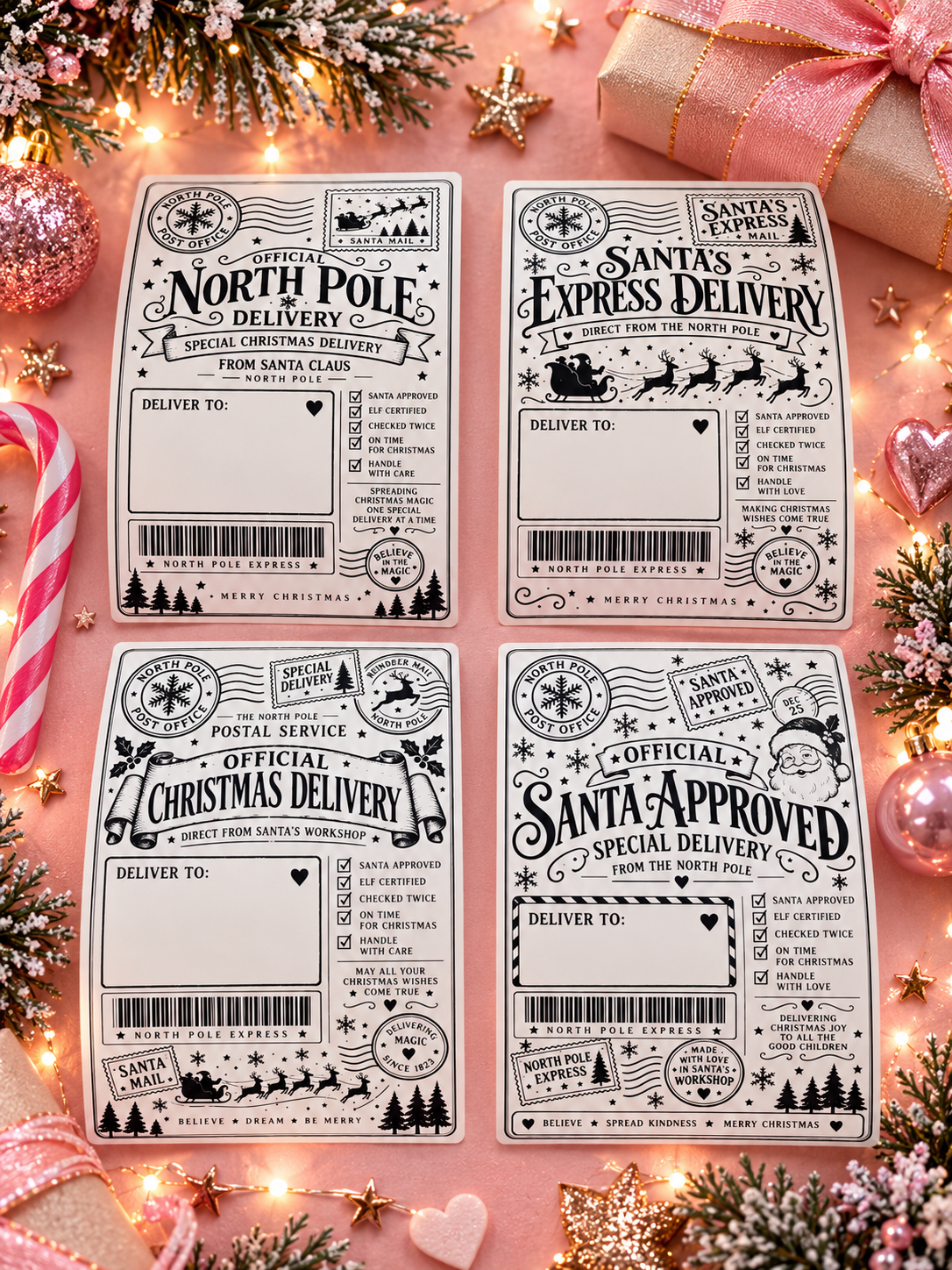 Four Christmas-themed shipping label templates arranged in a flat lay on a pink background with holiday decorations, including pine branches, candy canes, stars, and wrapped gifts.