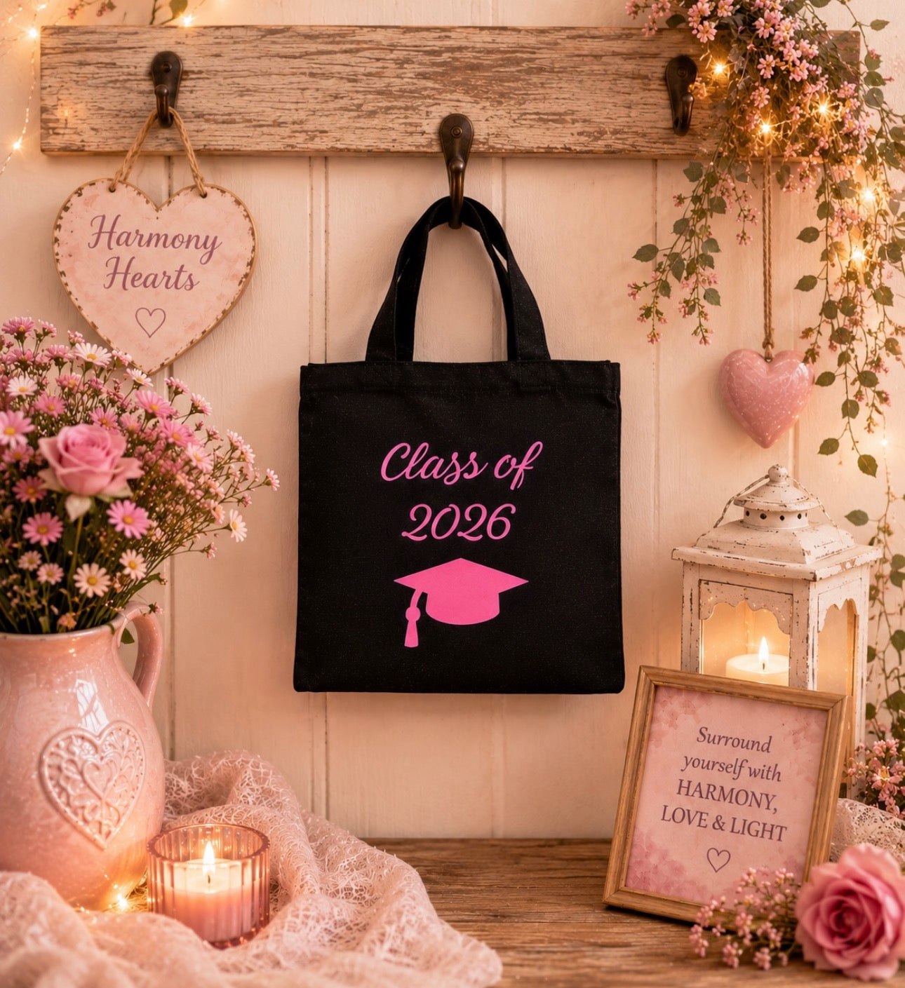 Black tote bag with 'Class of 2026' text and pink graduation cap design, hanging on a wooden wall with decorative elements.