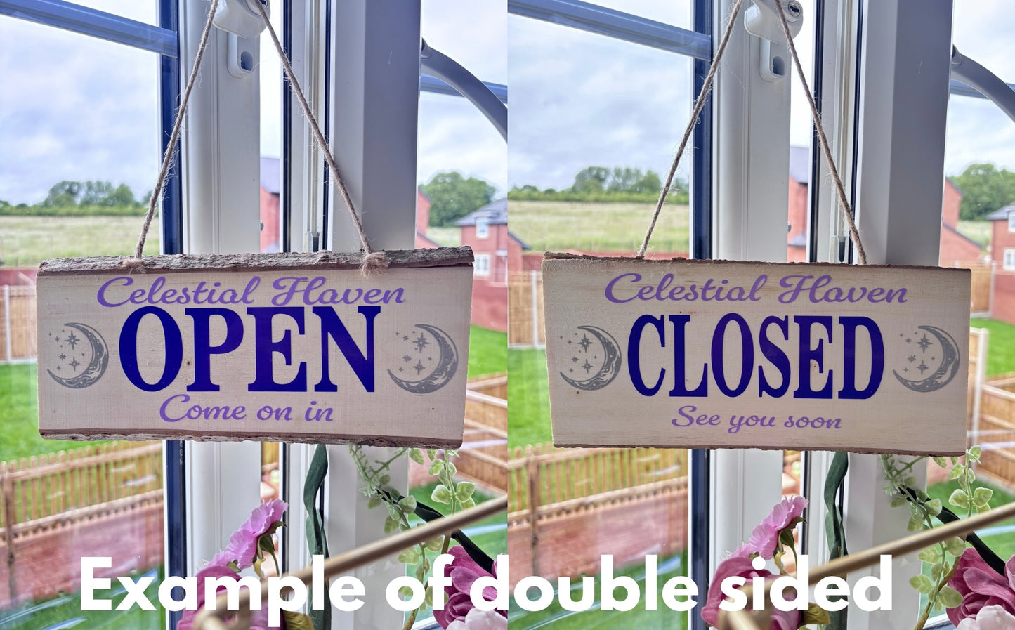 Double-sided sign for 'Celestial Haven' showing 'OPEN' and 'CLOSED' with a view of a garden outside.