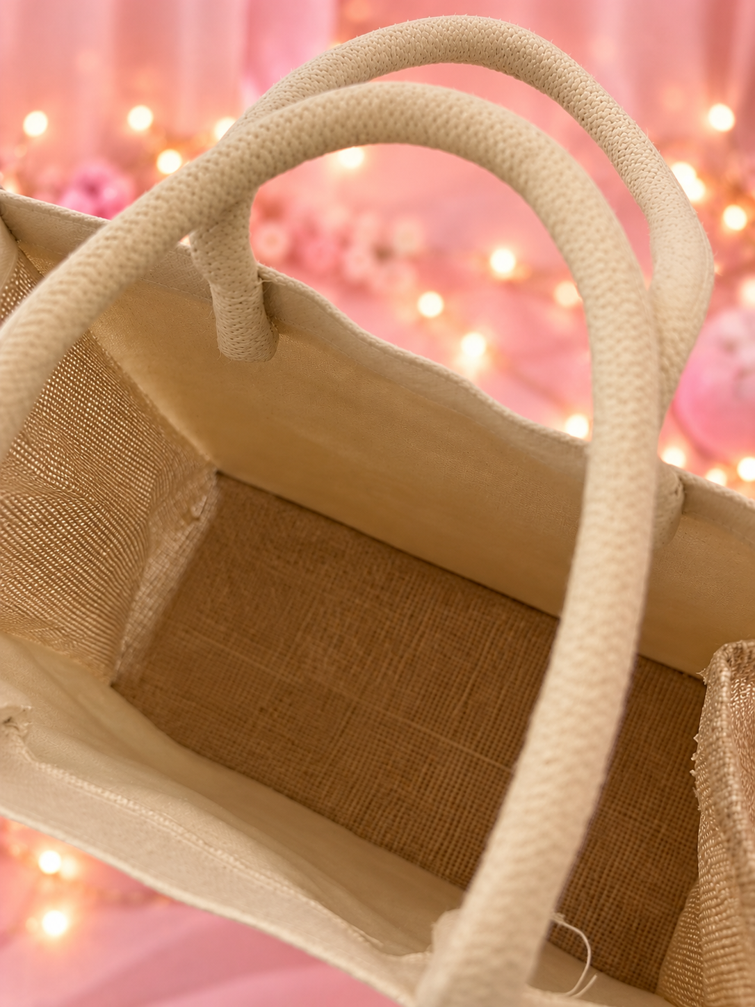 A close-up of a beige woven tote bag with thick rope handles, showing its textured jute interior and burlap-style lining, set against a soft pink background with warm bokeh lights.