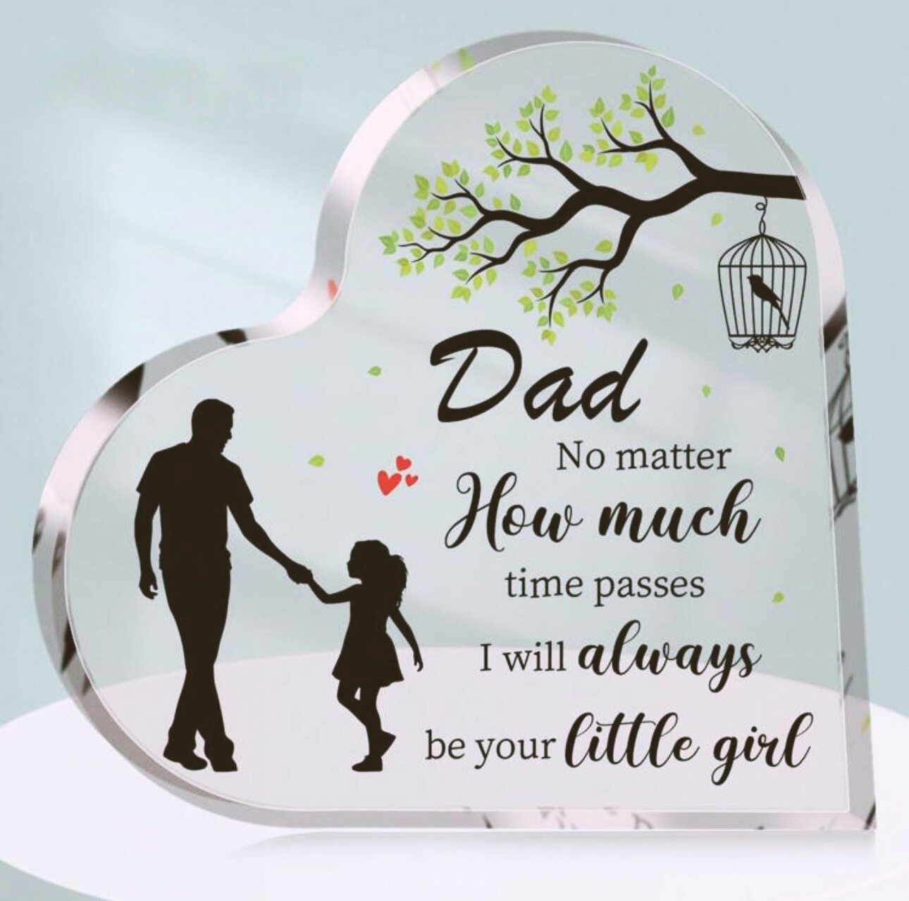 Heart-shaped plaque with a father and daughter silhouette and engraved text