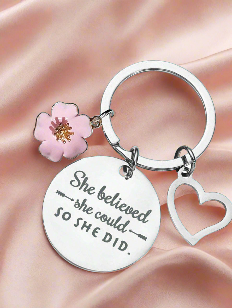 “She Believed She Could, So She Did” Inspirational Keyring with Flower & Heart Charm – Empowerment Gift for Women