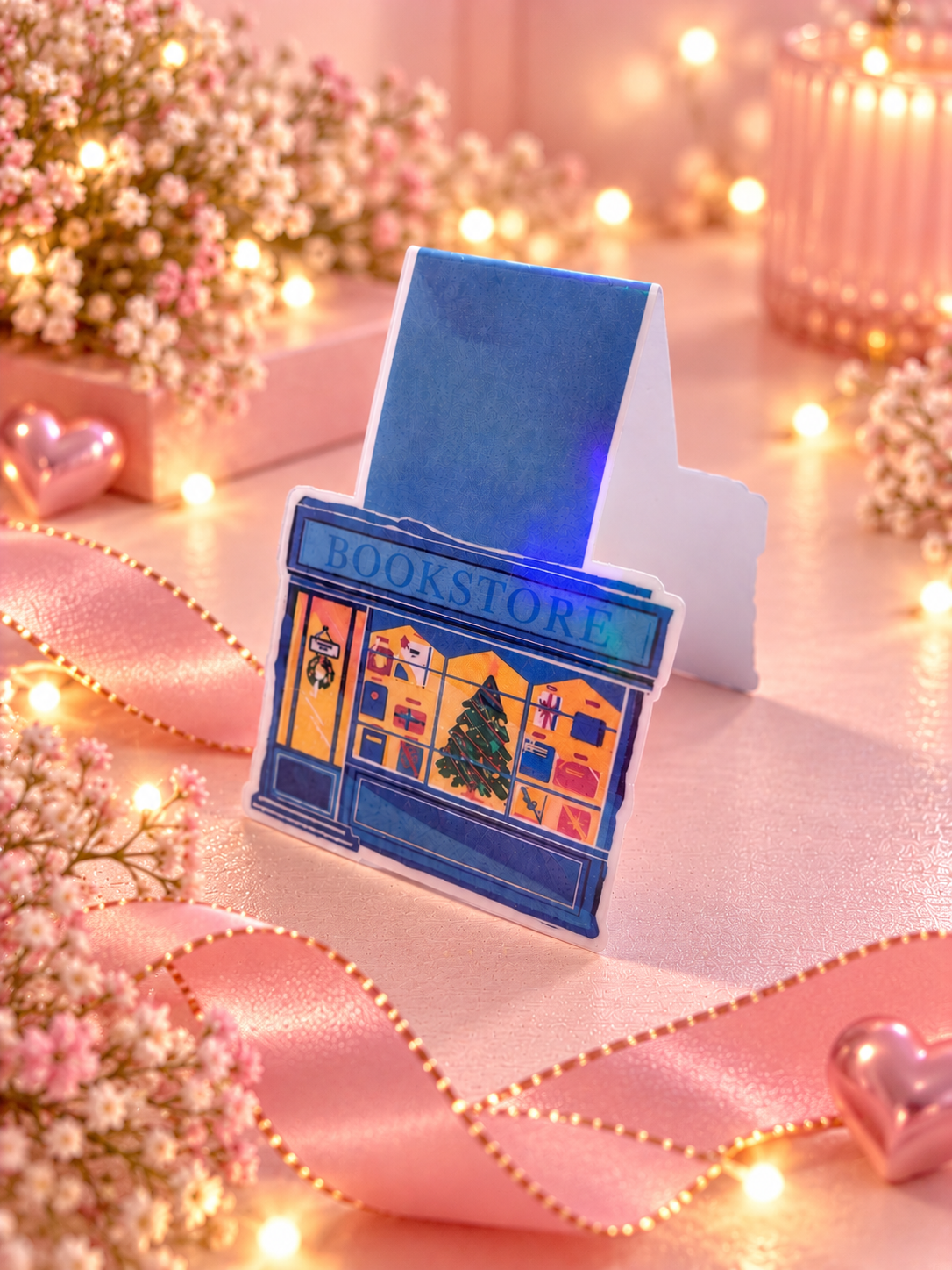 A small decorative fesrive bookstore-themed magnetic bookmark displayed upright on a pink surface, surrounded by pink ribbons, fairy lights, flowers, and heart-shaped decor. The front shows a blue storefront with the word 'BOOKSTORE' and colorful window details.