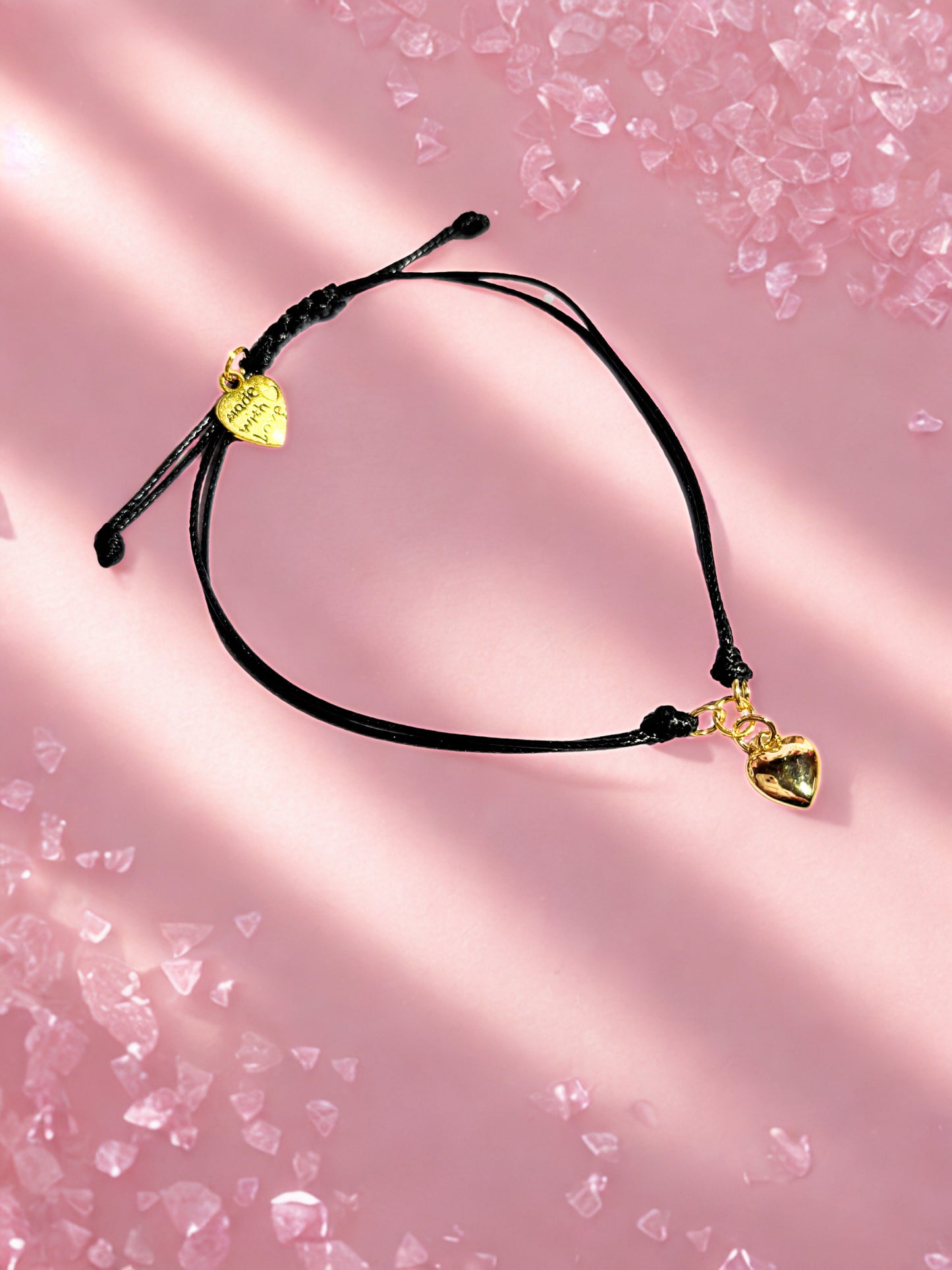 Black cord gold heart charm bracelet