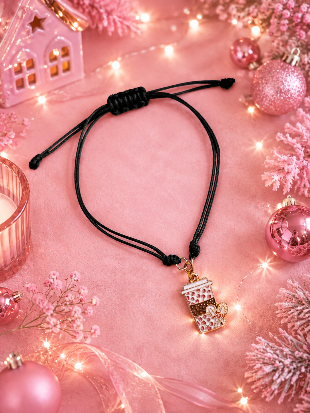 A black cord bracelet with a Christmas latte charm decorated with gold glitter and a small pink ornament, displayed on a pink background with holiday lights and ornaments.