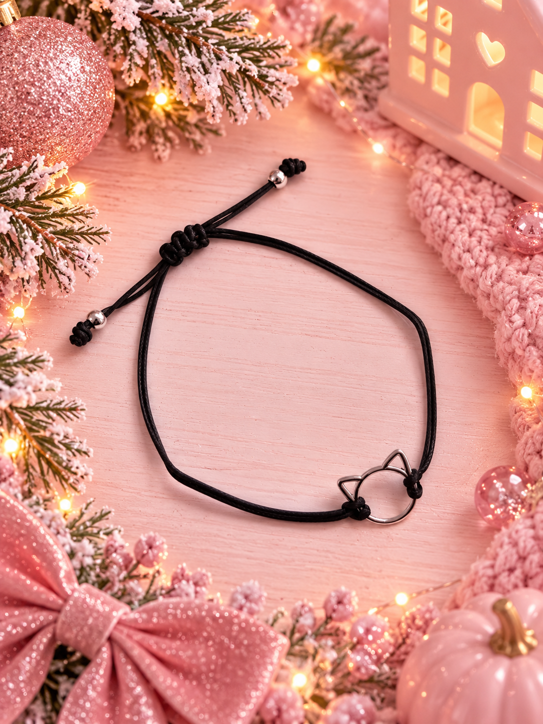 A black adjustable cord bracelet with a small cat-shaped ears charm, styled on a pink wooden surface with festive holiday decorations including a pink bow, glittery ornaments, pine branches, fairy lights, and a small house.