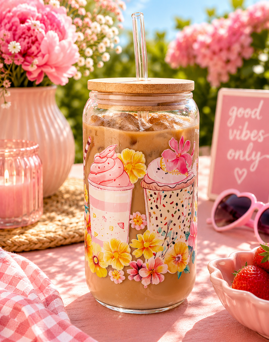 Glass cup with a lid filled with iced coffee, decorated with cartoon ice cream cones and flowers, on a table with pink flowers and a 'good vibes only' sign.