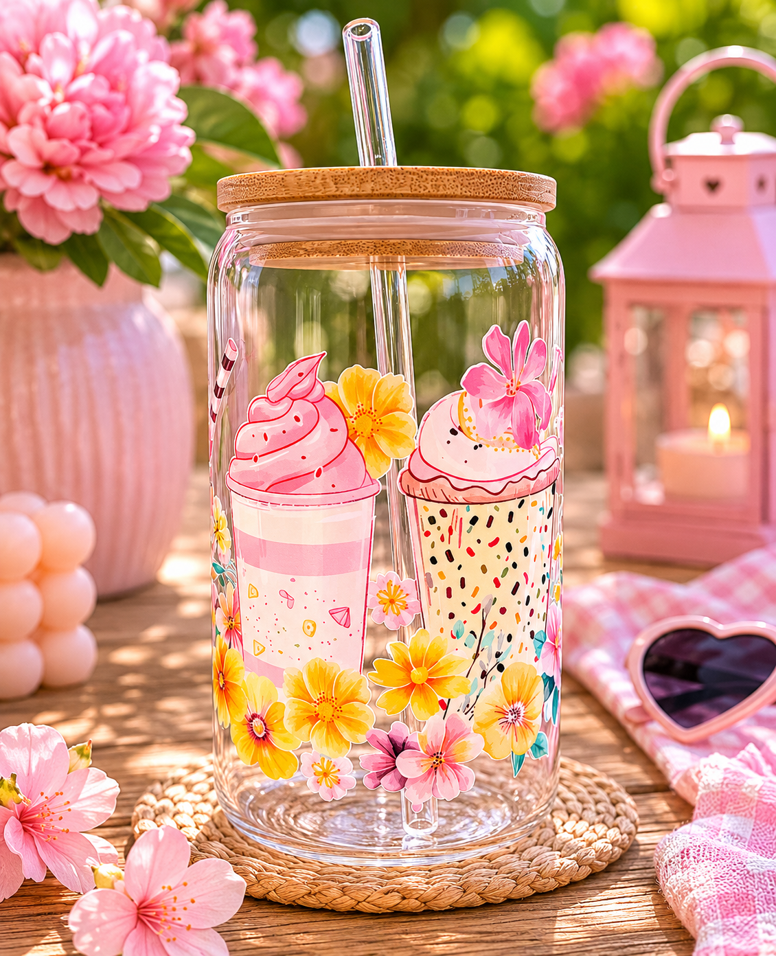 Clear tumbler with cupcake and flower design on a wooden table with flowers and lantern in the background