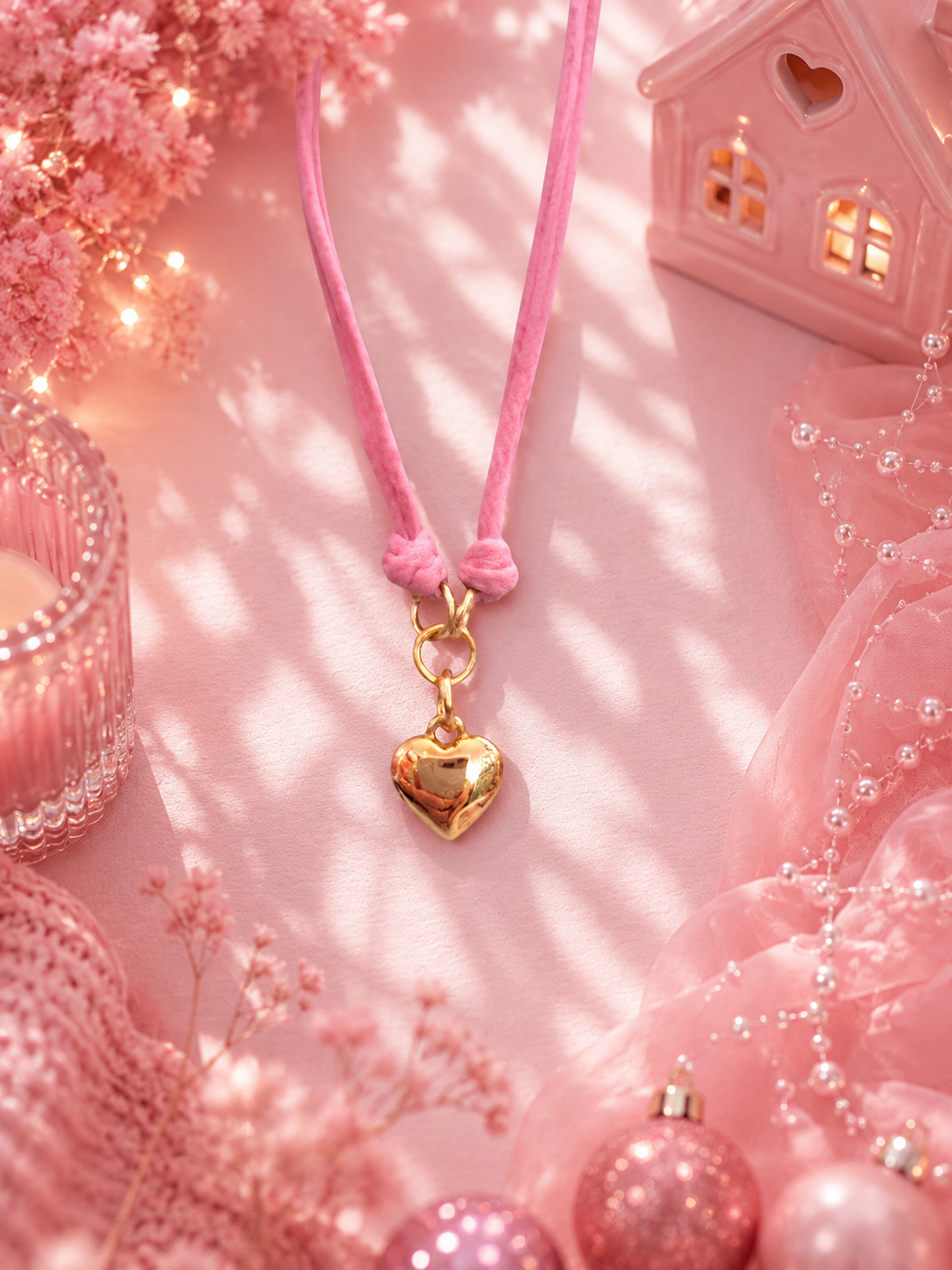 Pink cord charm bracelet with gold heart charm laid on a pink background