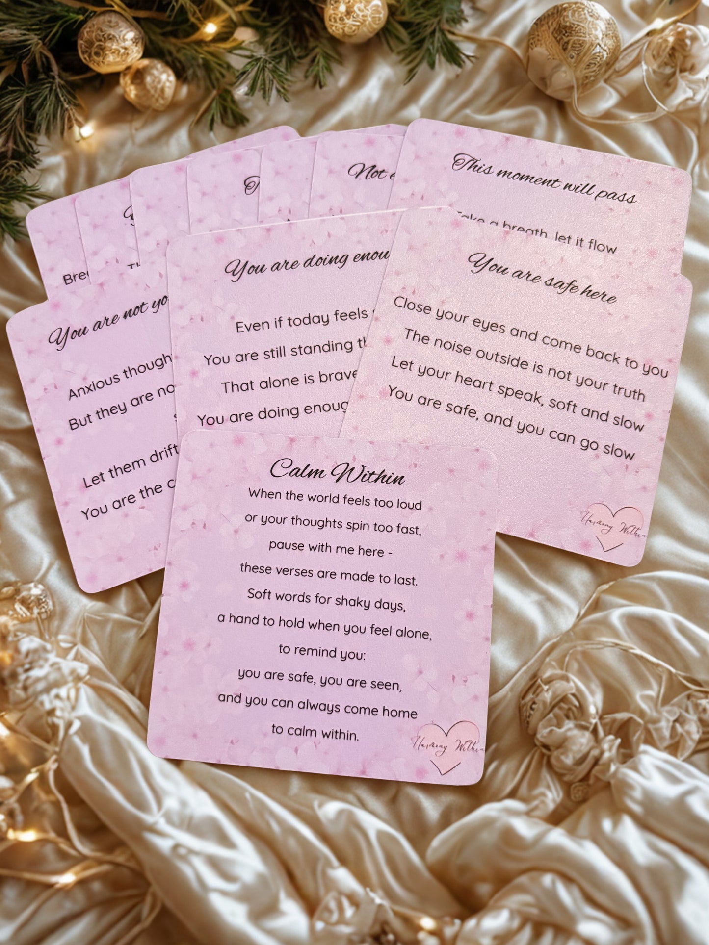 Set of pink cards with text on a decorative background