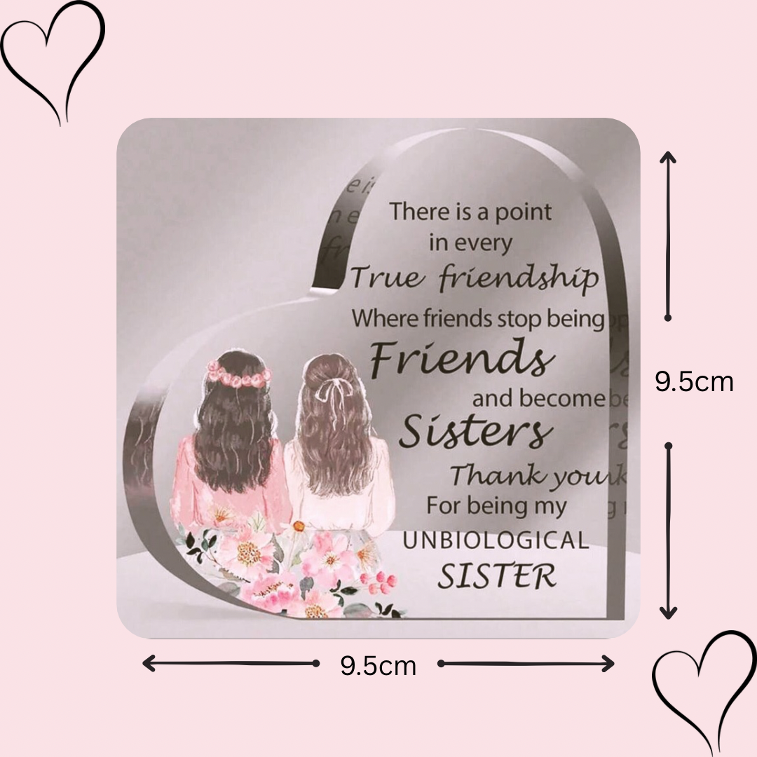 Decorative plaque with two women, text about friendship becoming sisterhood, and dimensions on a pink background.