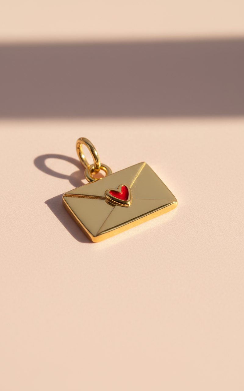 Gold charm shaped like a n envelope with a red heart on a beige background