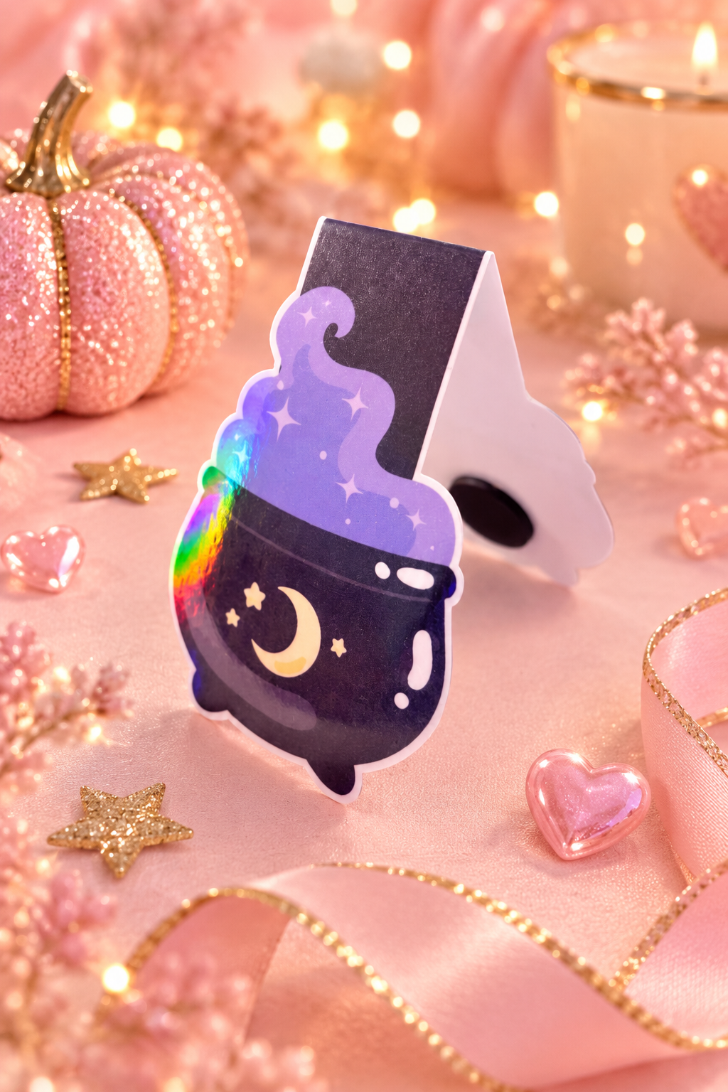 A cute witch cauldron magnetic bookmark with a holographic cauldron and purple smoke, displayed on a pink glittery surface with decorative props like a pink glitter pumpkin, stars, and a ribbon.