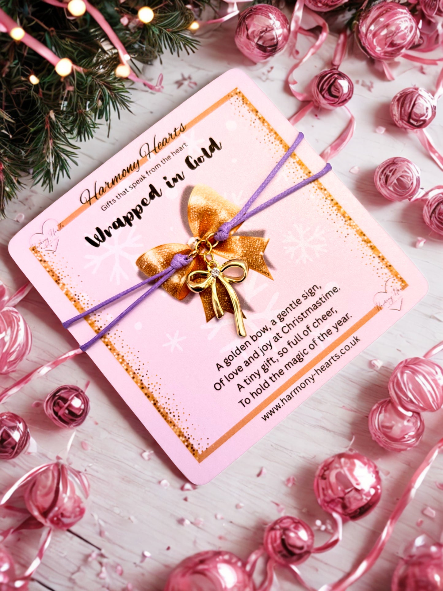 Wrapped in Gold – Festive Bow Charm Bracelet Gift on Poem Card