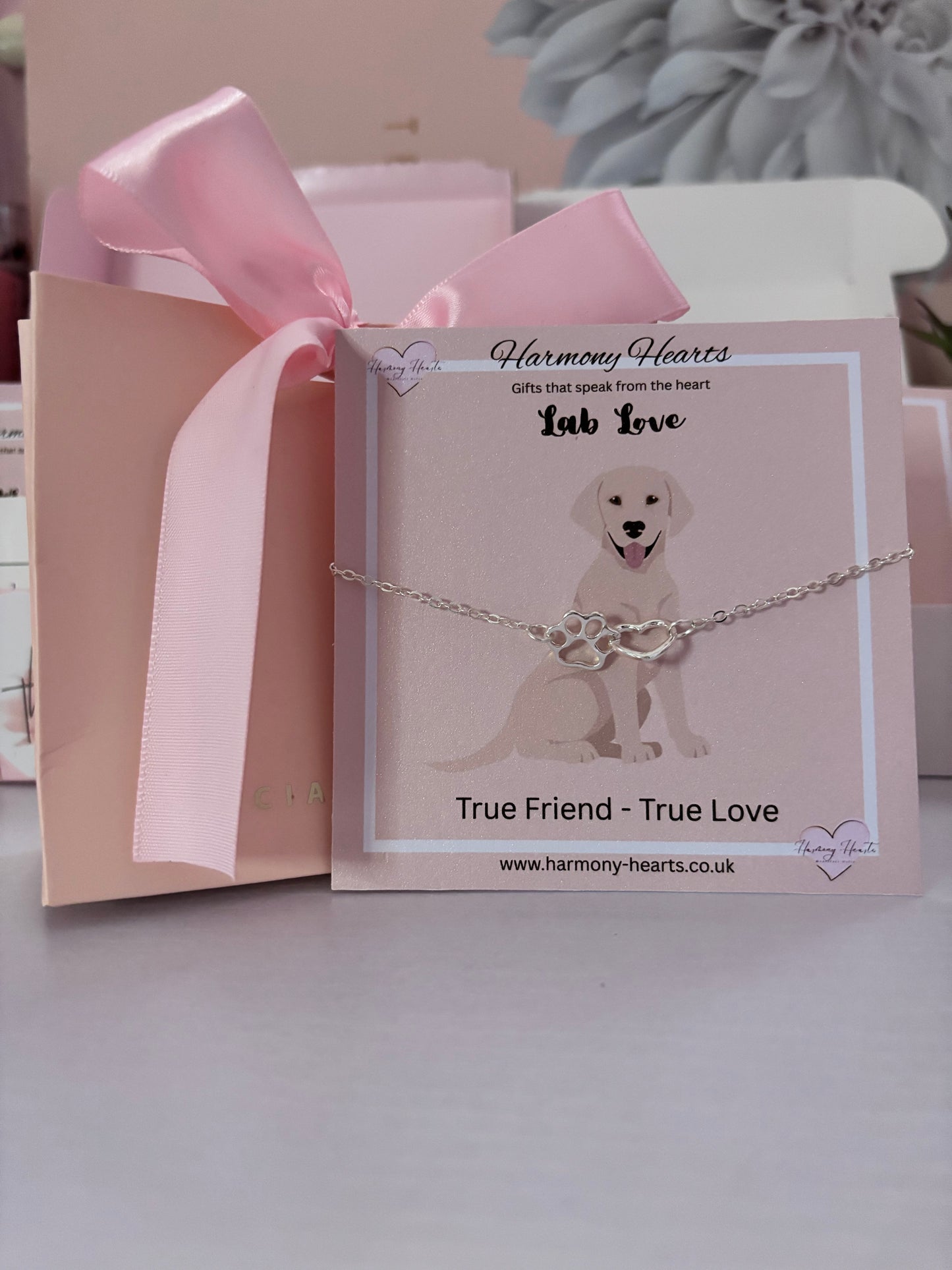 Dog-themed bracelet on a card with pink ribbon and gift box in the background