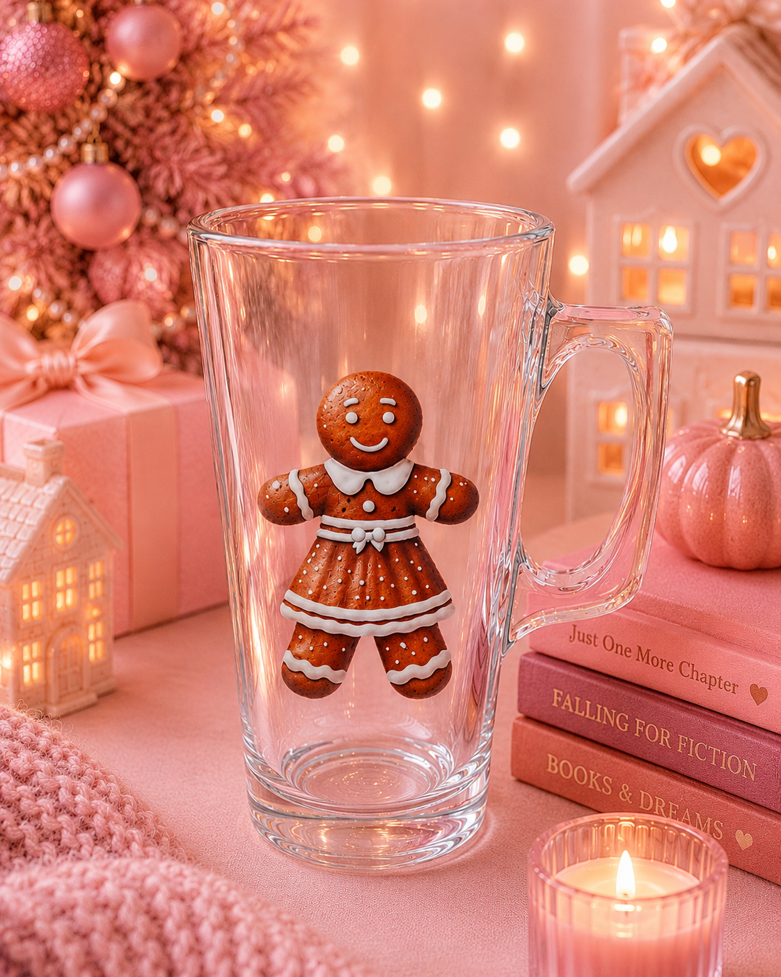 A clear glass mug with a handle, decorated with a gingerbread man illustration, set in a cozy pink holiday scene with books, a candle, and warm string lights.