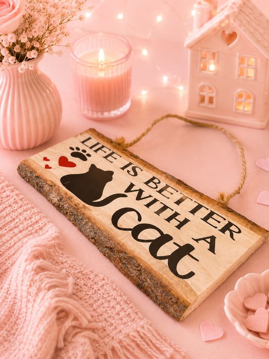 A rustic wooden hanging sign with the phrase “LIFE IS BETTER WITH A cat” in black lettering, featuring a black cat silhouette and small red heart accents. The sign is styled on a pink surface with a pink knit blanket, a pink candle, a pink vase with flowers, fairy lights, and a pink house-shaped decor object in the background.