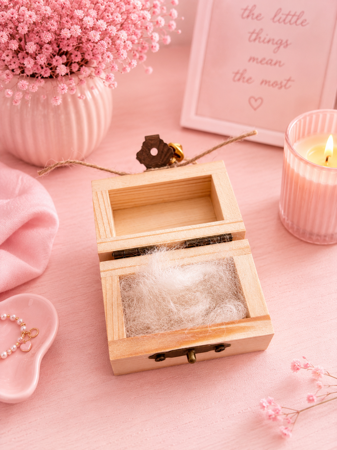 A small open wooden keepsake box filled with white fur, styled on a pink surface with pink flowers, a pink candle, a pink heart-shaped dish, and a framed sign in the background.