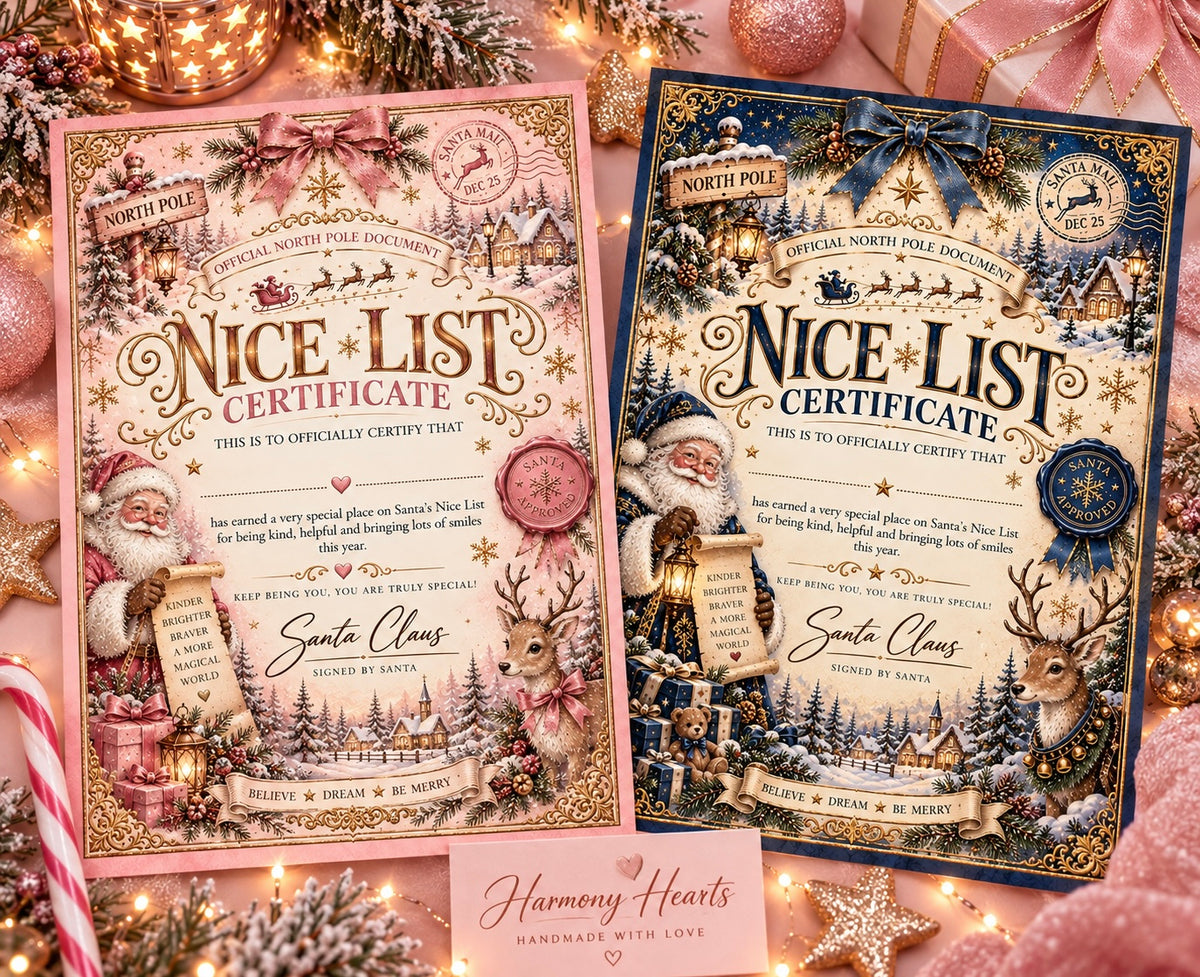 Two decorative Christmas-themed 'Nice-List Certificate' cards are displayed on a festive holiday background. The left card has a pink border and illustration, while the right card has a dark blue border and illustration.