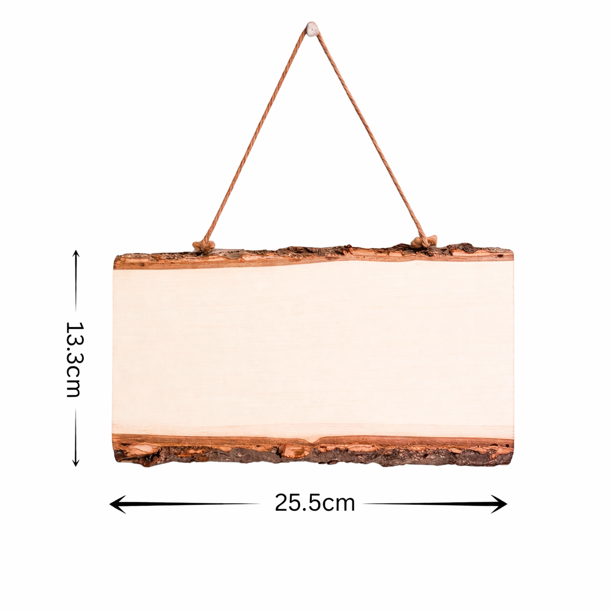Wooden rustic plaque with dimensions on a white background