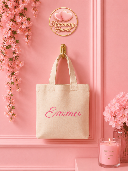 Personalised mini tote bag with vinyl lettering