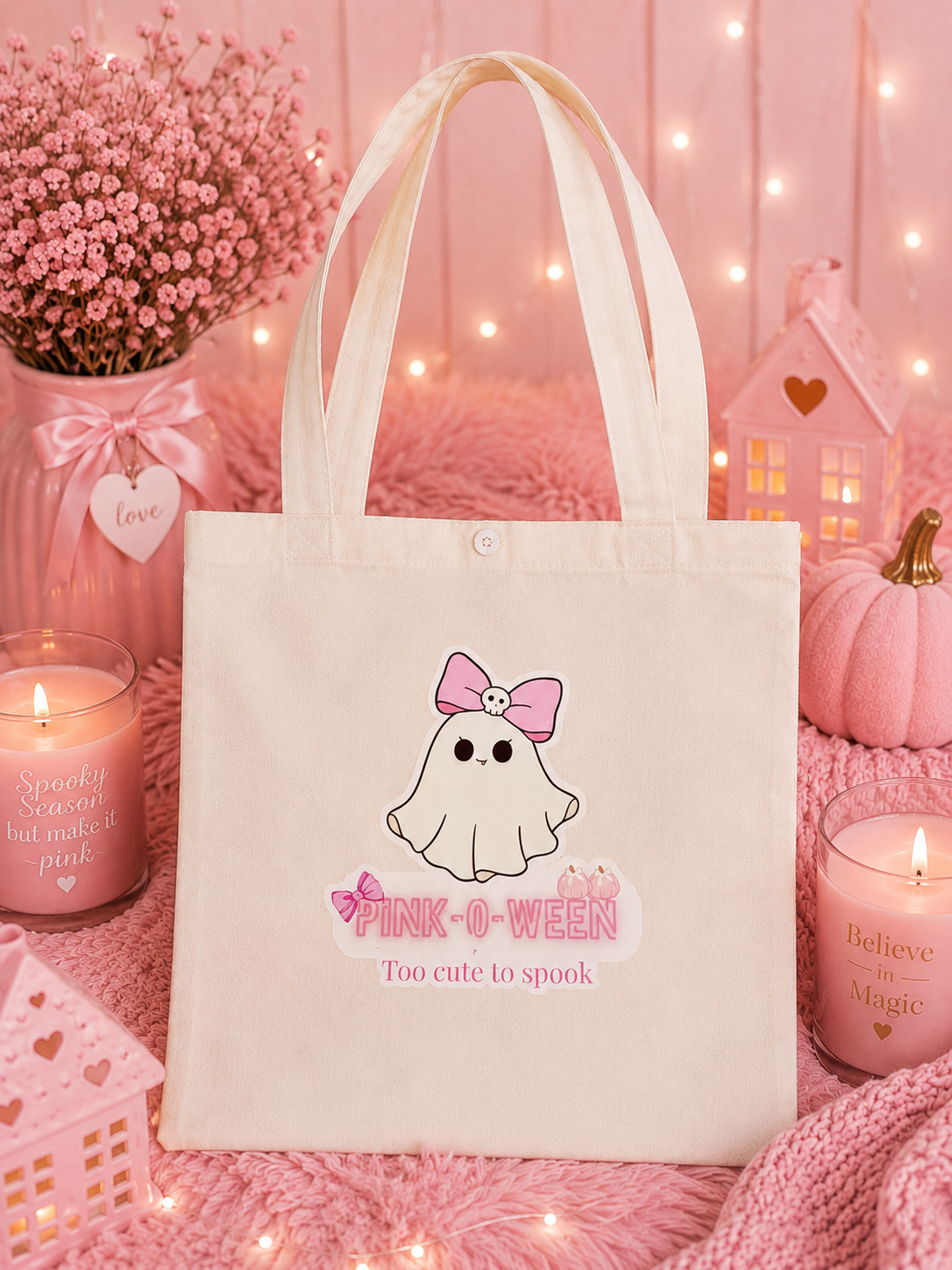 A cream canvas tote bag with a cute ghost graphic wearing a pink bow and the text 'PINK-O-WEEN' and 'Too cute to spook', displayed in a cozy, pink-themed setting with candles, pumpkins, and string lights.