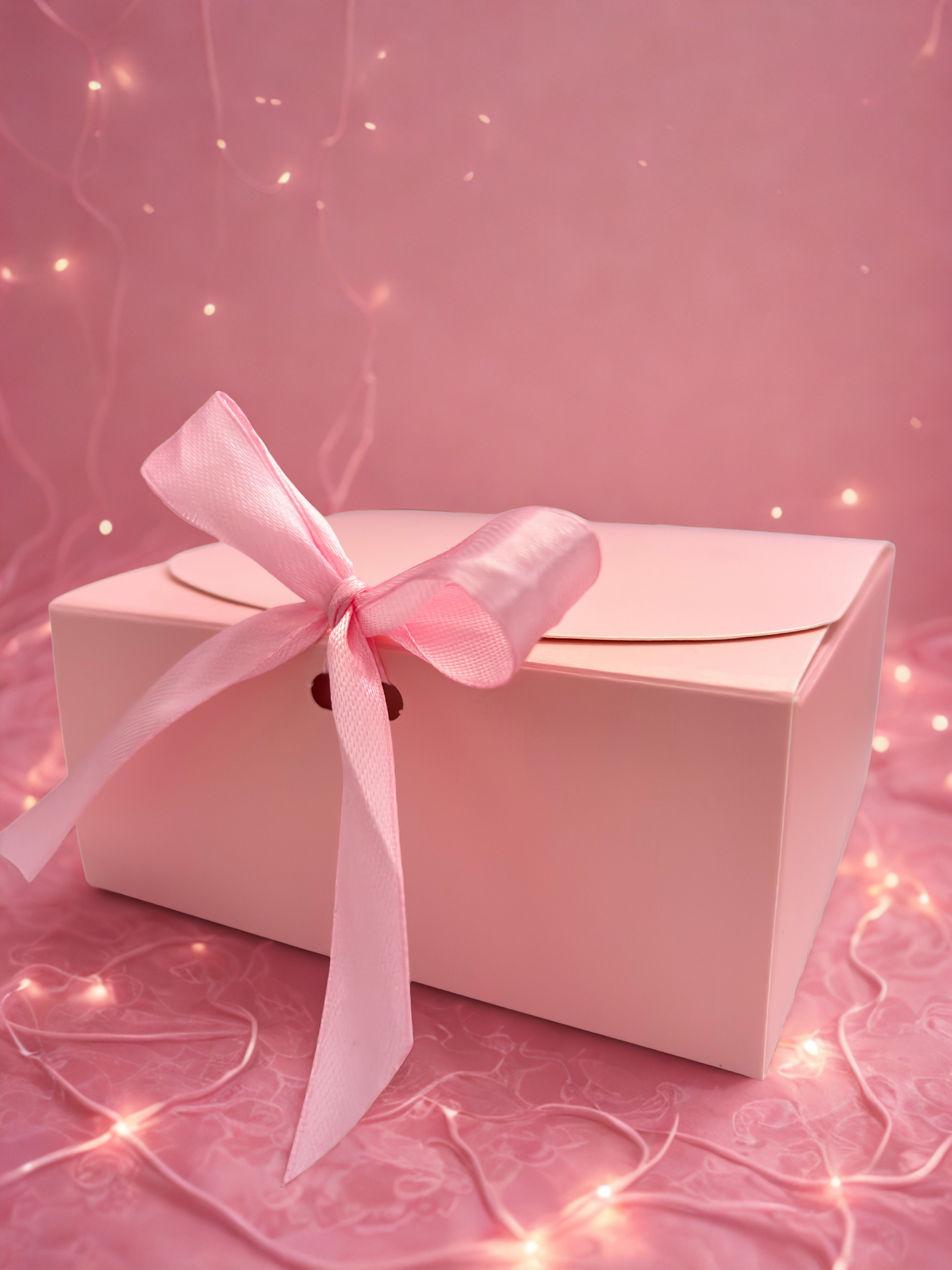 Pink gift box with a pink ribbon on a pink background with heart shapes and lights