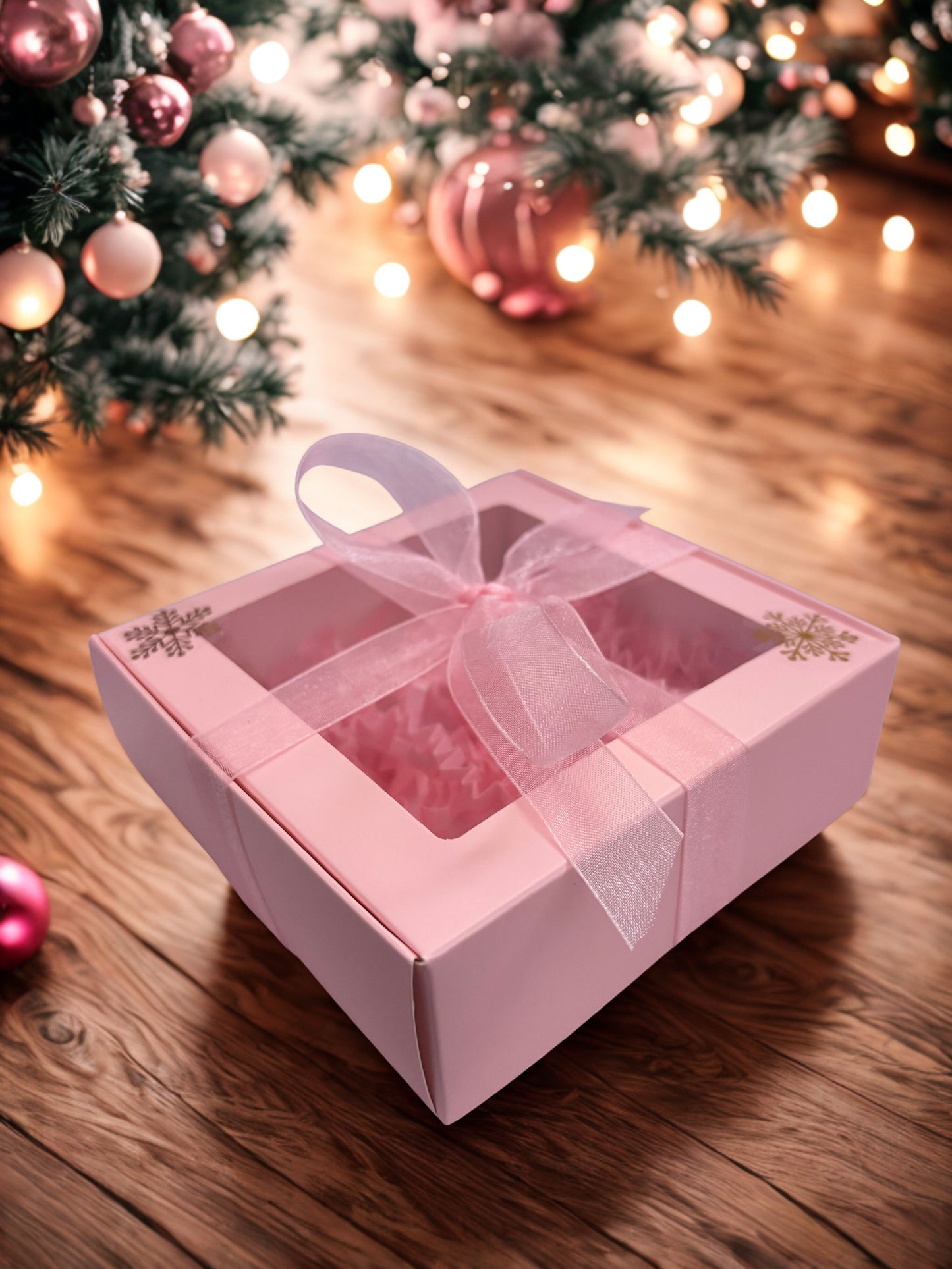 Pink gift box with a bow under a decorated Christmas tree.