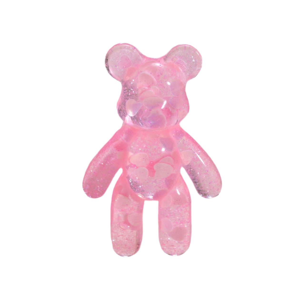 A pink, handcrafted resin bear with shimmer details, designed to be pocket-sized. It has big ears and is described as having a heart full of love.