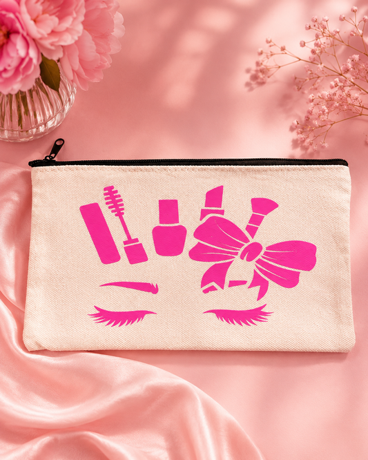 Makeup pouch with pink illustrations on a pink background
