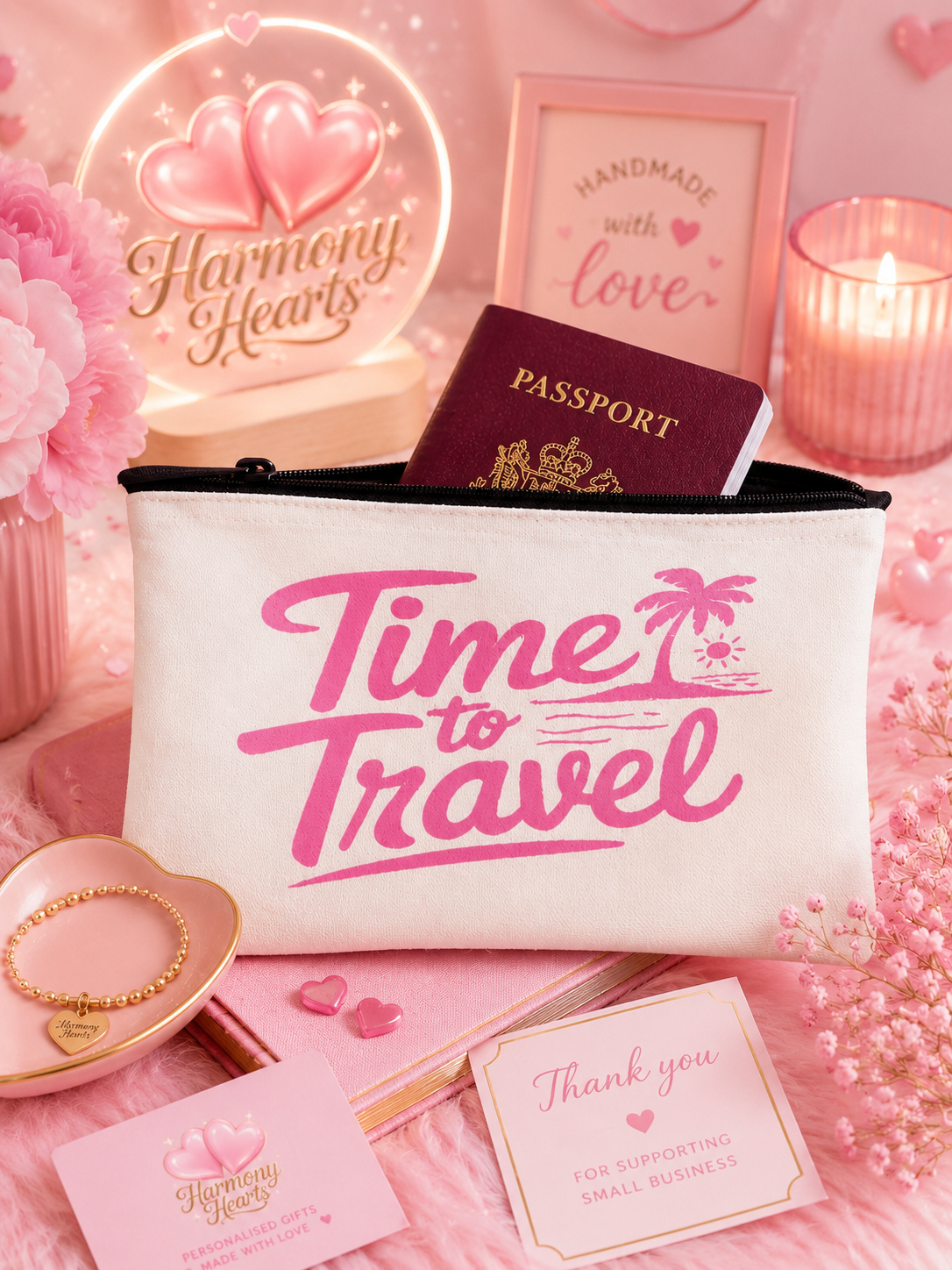 Pink 'Time to Travel' bag with passport, jewelry, and decorative items on a pink background.