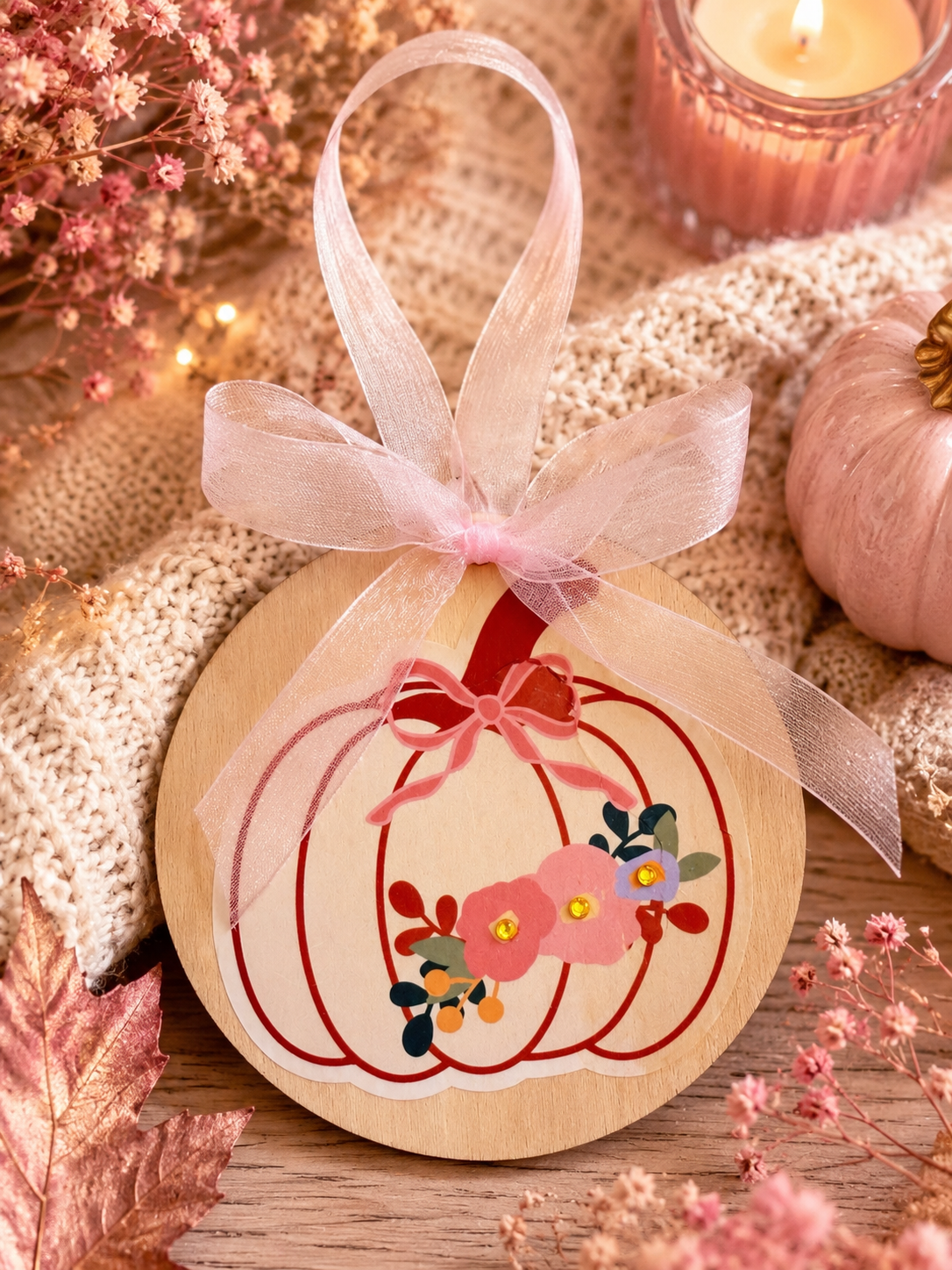 A round wooden ornament featuring a painted pumpkin design with pink and orange flowers, hanging from a sheer pink ribbon bow, styled on a textured knit blanket with autumn decor.