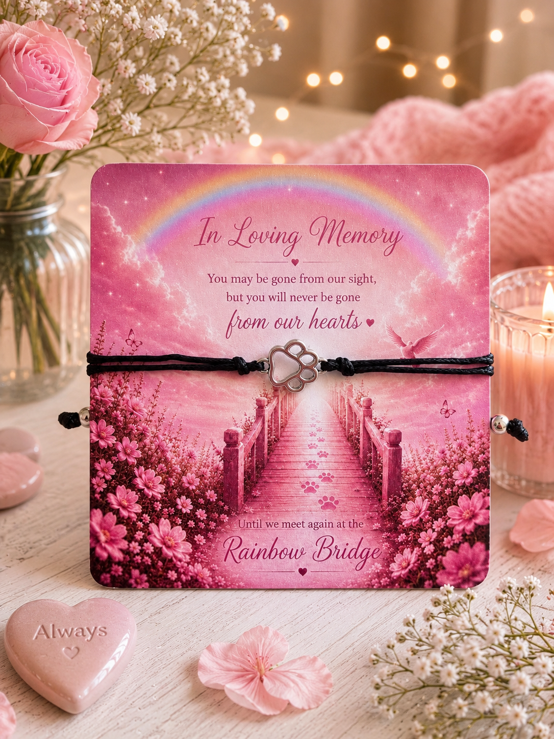 Pink memorial bracelet card with a rainbow bridge design and the words 'In Loving Memory' and 'from our hearts,' tied with a black cord and a paw print charm, styled on a tabletop with roses, candles, and soft background lights.