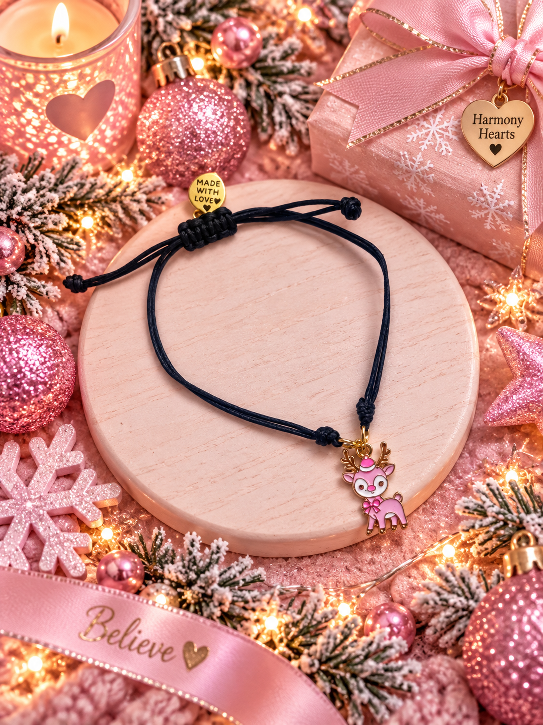 A black cord bracelet with a pink reindeer charm displayed on a round wooden stand amidst festive Christmas decorations including pink ornaments, lights, pine branches, and a pink gift box.