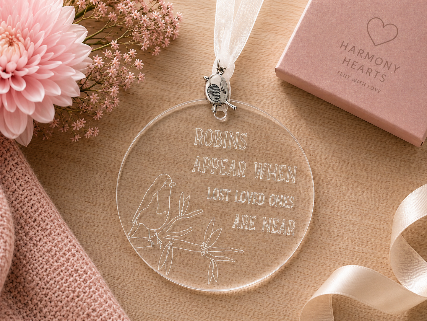 Decorative acrylic ornament with engraved text robins appear when lost loved ones are near and a pink flower on a wooden surface.