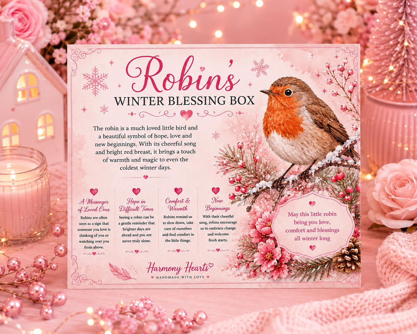 A pink 'Robin's Winter Blessing Box' card or box front displayed in a cozy holiday setting. The design features a robin bird, pink roses, pinecones, and text boxes with winter blessings.