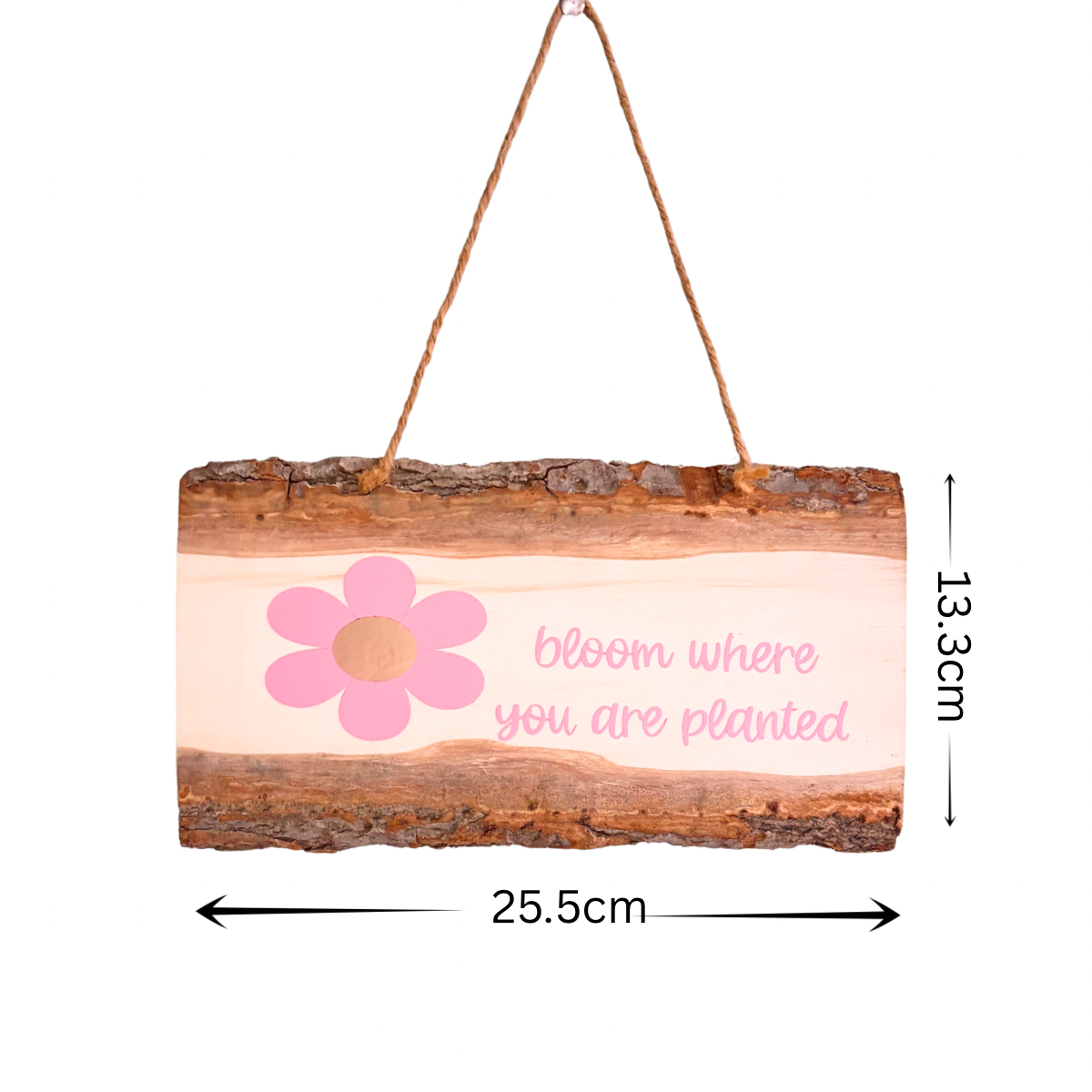 Wooden hanging sign with a pink flower and text on a white background