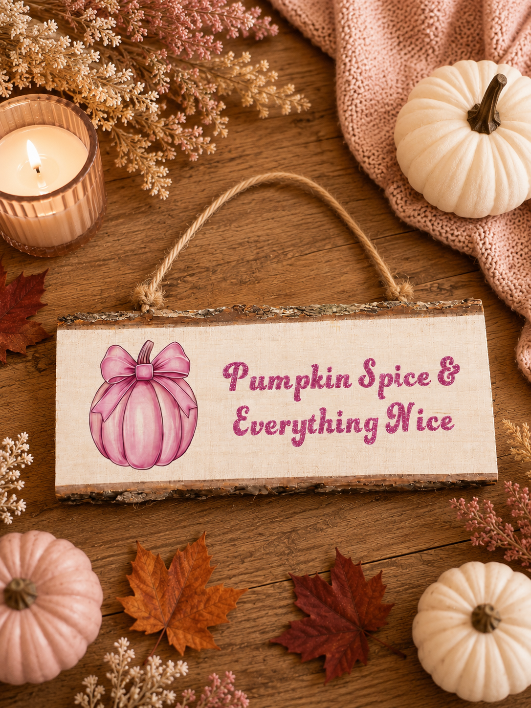 A rustic wooden hanging sign with a natural bark edge, featuring a pink watercolor pumpkin illustration and the phrase 'Pumpkin Spice & Everything Nice' in pink script. The sign is styled in an autumn setting on a wooden table with a lit candle, a pink knit blanket, small decorative pumpkins, dried flowers, and fall leaves.