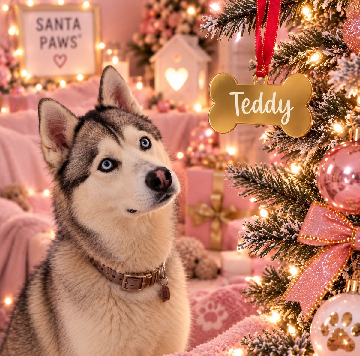 A Siberian husky dog wearing a brown buckle collar sits beside a decorated Christmas tree with a gold bone-shaped ornament hanging from it. The background is a cozy pink holiday setting with lights, gifts, and a sign that reads 'Santa Paws'.